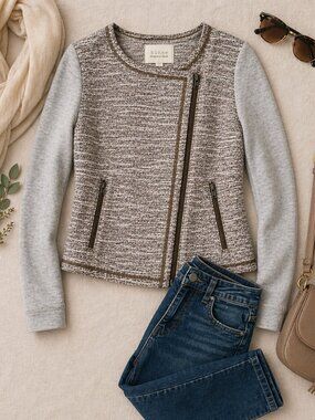 Anthropologie Hinge Moto Jacket Gray Zip Front Cropped Workwear Casual Small